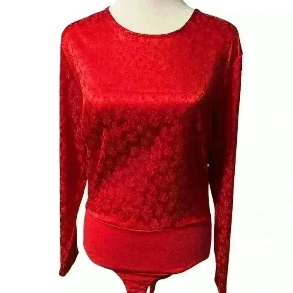 Vintage red floral blouse bodysuit long sleeve size M